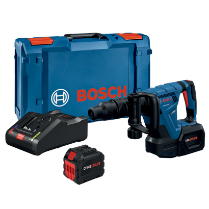Bosch GSH18V-5 Turbo Brushless hammer drill with CORE 18V. batteries, charger, and a blue case with "BOSCH" printed on it.