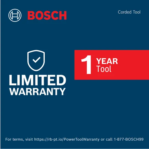 Bosch Corded Tool, Limited Warranty, 1 Year Tool. For terms, visit https://rb-pt.io/PowerToolWarranty or call 1-877-BOSCH99.