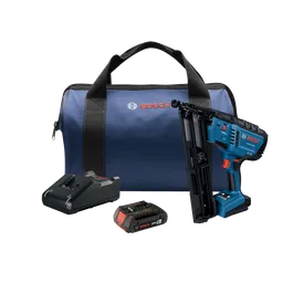 Bosch GNH18V-15MA cordless nailer, battery charger, and 18V 2Ah battery, with a Bosch-branded bag.