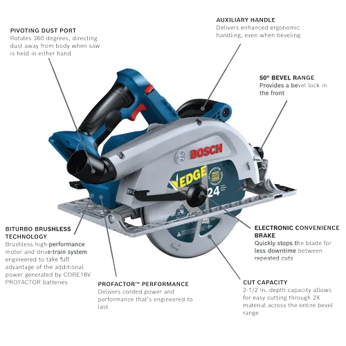 Bosch cordless circular saw, with pivoting dust port, auxiliary handle, 50° bevel range, Biturbo Brushless Technology, PROFACTOR™ PERFORMANCE, electronic convenience brake and cut capacity of 2-1/2 In. depth