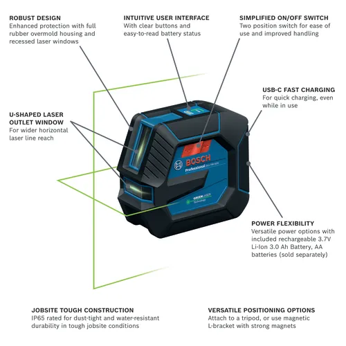 Bosch Professional GLL100-42G Green Laser with USB-C Fast Charging, IP65 rated, with rechargeable 3.7V Li-Ion 3.0 Ah Battery.