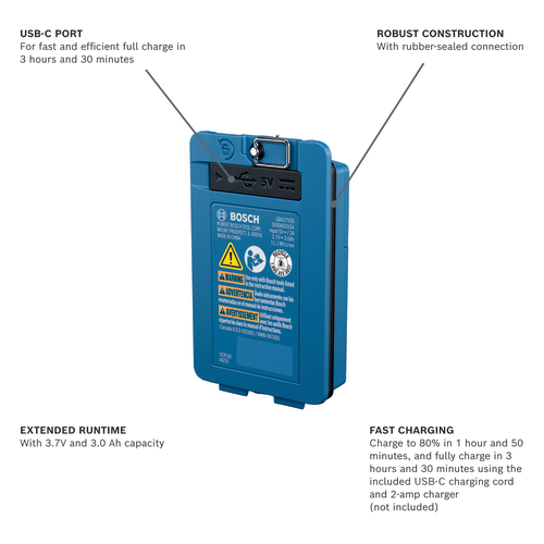 Bosch GBA37V30 battery with USB-C port, robust construction, 3.7V/3.0 Ah capacity, input 5V/2A, charges in 1 hour 50 minutes to 80%, fully charges in 3 hours 30 minutes, 11.1 Wh Li-Ion.