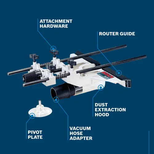 Bosch Router Guide with Attachment Hardware, Pivot Plate, Vacuum Hose Adapter and Dust Extraction Hood.