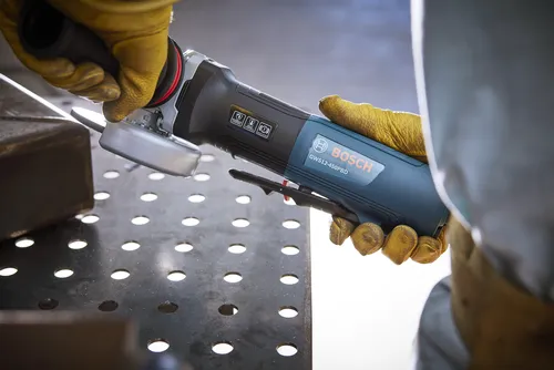 Bosch GWS12-450PBD angle grinder held by gloved hands, KickBack Control, Drop Control, and Brake System features are visible.
