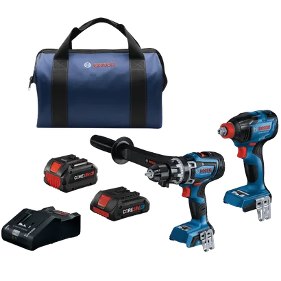 Bosch branded items: a bag, two drills (GSB18V-1330C, GDX18V-1860C), batteries (CORE18V), and a charger.