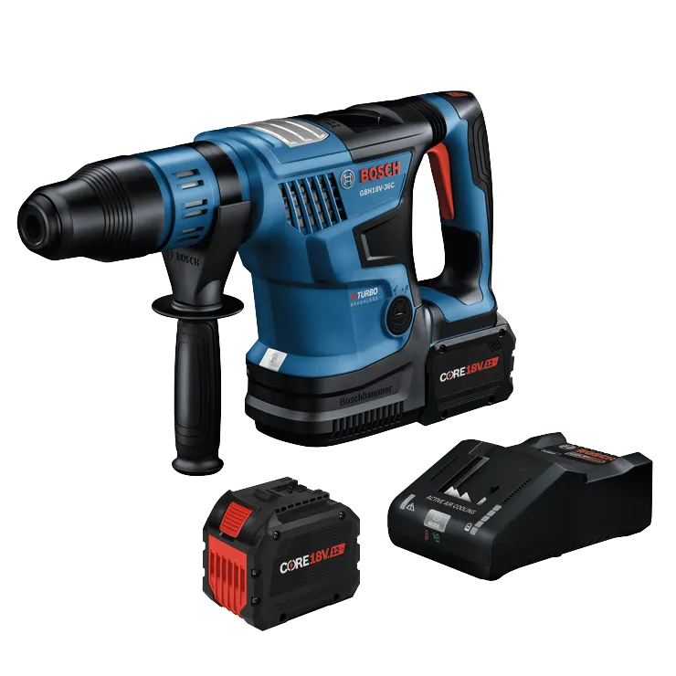 Bosch GBH18V-36C cordless rotary hammer, CORE18V batteries, and charger; with "TURBO BRUSHLESS", "Boschhammer", "CORE18V 12Ah", and "ACTIVE AIR COOLING" markings.
