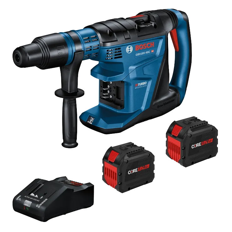 Bosch GBH18V-40C HD Turbo Brushless rotary hammer drill, with two CORE18V batteries, and Active Air Cooling charger.