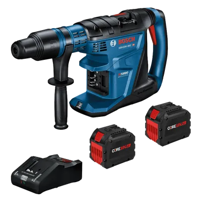 Bosch GBH18V-40C HD Turbo Brushless rotary hammer drill, with two CORE18V batteries, and Active Air Cooling charger.
