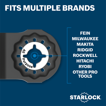 FITS MULTIPLE BRANDS, compatible with FEIN, MILWAUKEE, MAKITA, RIDGID, ROCKWELL, HITACHI, RYOBI, OTHER PRO TOOLS. STARLOCK logo.