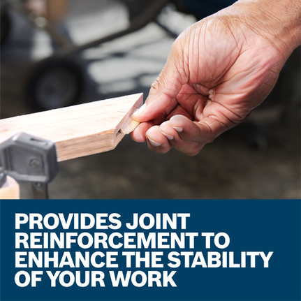 A hand of Brown skin tone placing a piece of wood into the joint of another. PROVIDES JOINT REINFORCEMENT TO ENHANCE THE STABILITY OF YOUR WORK.