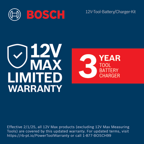 Bosch 12V Max Limited Warranty, 3-Year Tool, Battery, Charger.