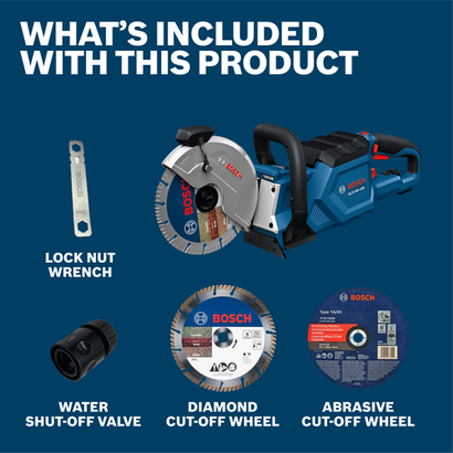 Image of the Bosch GCS18V-230N cut-off saw kit included in a starter pack, highlighting its essential components.