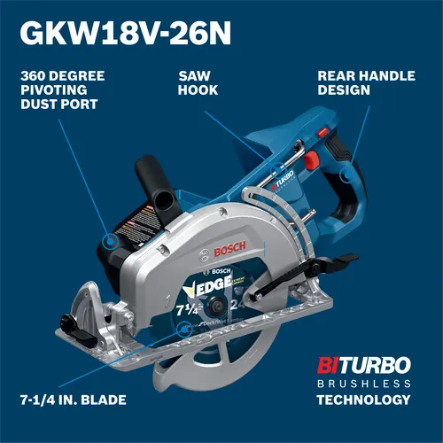 Bosch GKW18V-26N circular saw with 7-1/4 in. blade, 360 degree pivoting dust port, rafter hook, rear handle design, and BiTURBO Brushless Technology.