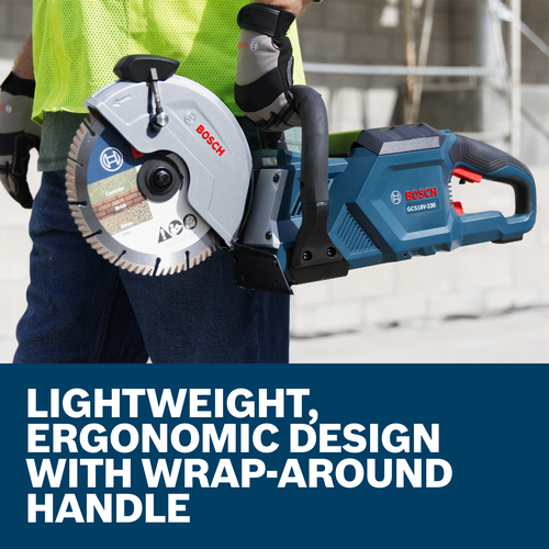 Bosch GCS18V-230 circular saw with "Concrete", "Brick", and "Stone" blade, held by a person wearing gloves. Visible text: "LIGHTWEIGHT, ERGONOMIC DESIGN WITH WRAP-AROUND HANDLE".