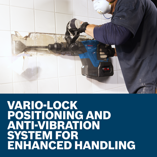 Bosch GSH18V-5 Turbo Brushless hammer drill being used to remove tile. Visible text: VARIO-LOCK POSITIONING AND ANTI-VIBRATION SYSTEM FOR ENHANCED HANDLING.