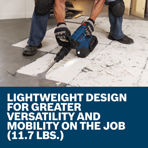 Bosch GSH18V-5 Turbo rotary hammer being used to break tile; text "LIGHTWEIGHT DESIGN FOR GREATER VERSATILITY AND MOBILITY ON THE JOB (11.7 LBS.)".