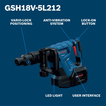 Bosch GSH18V-5L212, with Vario-Lock Positioning, Anti-Vibration System, and Lock-On Button; features include LED light and User Interface.