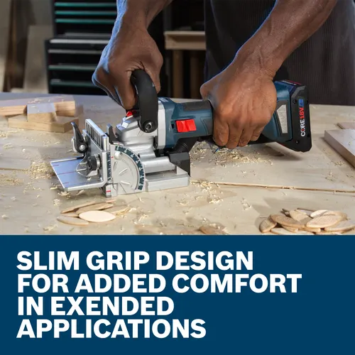 Bosch tool held by Black person with "SLIM GRIP DESIGN FOR ADDED COMFORT IN EXENDED APPLICATIONS" text.