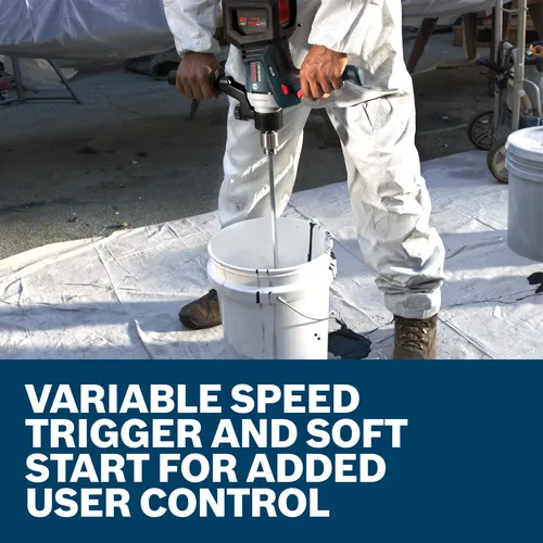 Bosch GRW18V-120 cordless mixer in use, with text "VARIABLE SPEED TRIGGER AND SOFT START FOR ADDED USER CONTROL".