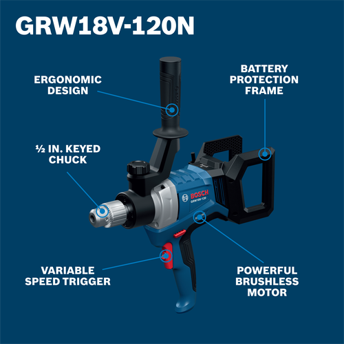 Bosch GRW18V-120N, with ergonomic design, ½ in. keyed chuck, variable speed trigger, battery protection frame, and a powerful brushless motor.