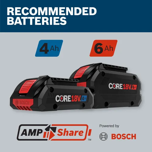 RECOMMENDED BATTERIES, Bosch CORE18V 4Ah and CORE18V 6Ah batteries, AMP Share, and Powered by BOSCH.