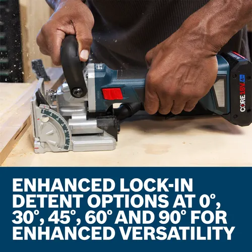 Bosch tool being used, with "ENHANCED LOCK-IN DETENT OPTIONS AT 0°, 30°, 45°, 60° AND 90° FOR ENHANCED VERSATILITY" text visible.