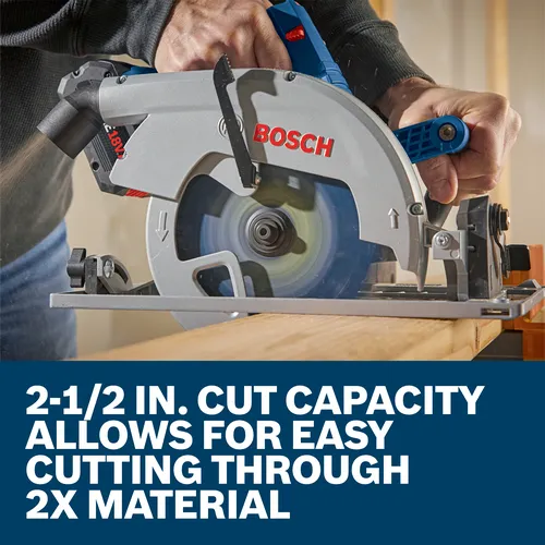 Bosch circular saw cutting wood, with text: 2-1/2 IN. CUT CAPACITY ALLOWS FOR EASY CUTTING THROUGH 2X MATERIAL.