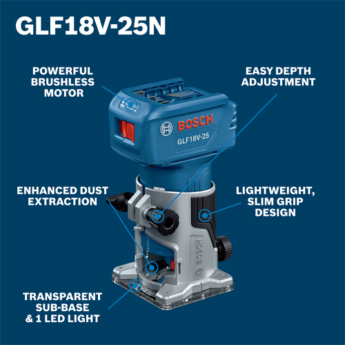 Bosch GLF18V-25N router, with Easy Depth Adjustment, Powerful Brushless Motor, Enhanced Dust Extraction, Lightweight Slim Grip Design, and Transparent Sub-Base & 1 LED Light.