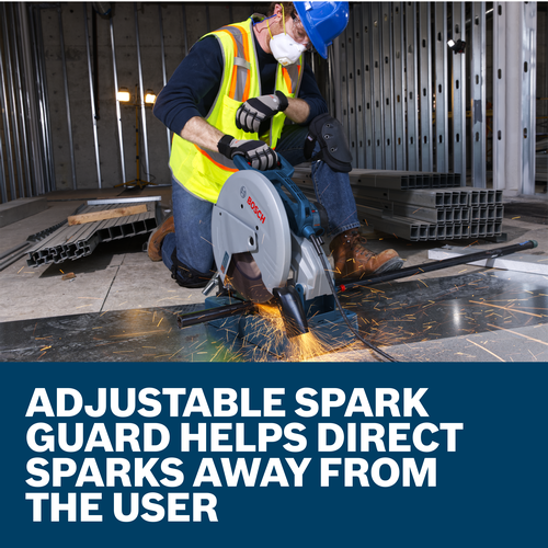 Bosch cut-off saw with a worker wearing safety gear cutting metal; ADJUSTABLE SPARK GUARD HELPS DIRECT SPARKS AWAY FROM THE USER.