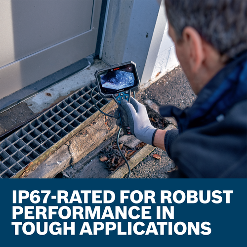 Bosch Professional inspection camera in use, with "BOSCH" visible on the screen, IP67-RATED for Robust Performance in Tough Applications.