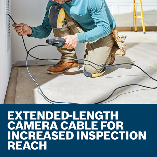 Person using an inspection camera, with text "EXTENDED-LENGTH CAMERA CABLE FOR INCREASED INSPECTION REACH".