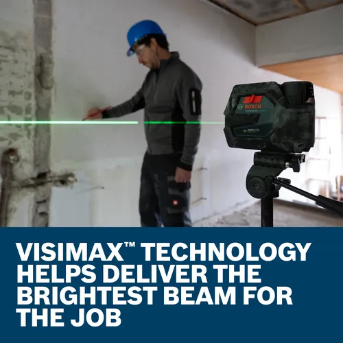 Bosch GCL165-82CG Green Laser, with a construction worker wearing a hard hat marking a wall with a pen; text states "VISIMAX TECHNOLOGY HELPS DELIVER THE BRIGHTEST BEAM FOR THE JOB".
