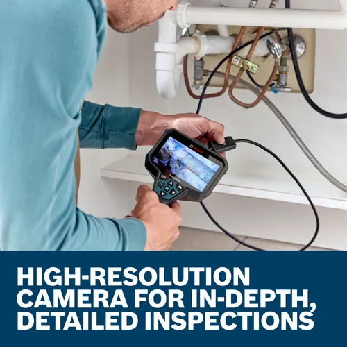 Bosch camera used by a person to inspect plumbing, with "HIGH-RESOLUTION CAMERA FOR IN-DEPTH, DETAILED INSPECTIONS" text at the bottom.