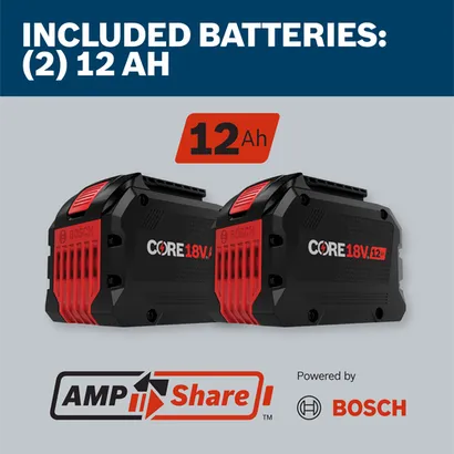 INCLUDED BATTERIES: (2) 12 Ah, two black and red CORE18V 12Ah batteries. Powered by Bosch.