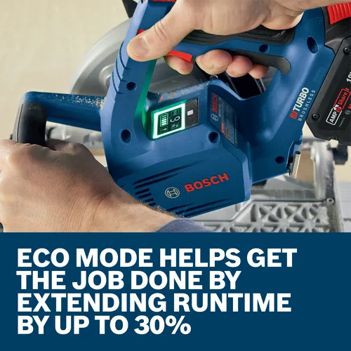 Bosch cordless circular saw, with “ECO” mode extending runtime by up to 30%.
