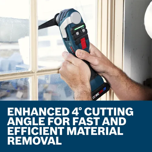 Bosch GOP18V-40 oscillating multi-tool, cutting a window, with "ENHANCED 4° CUTTING ANGLE FOR FAST AND EFFICIENT MATERIAL REMOVAL" text.