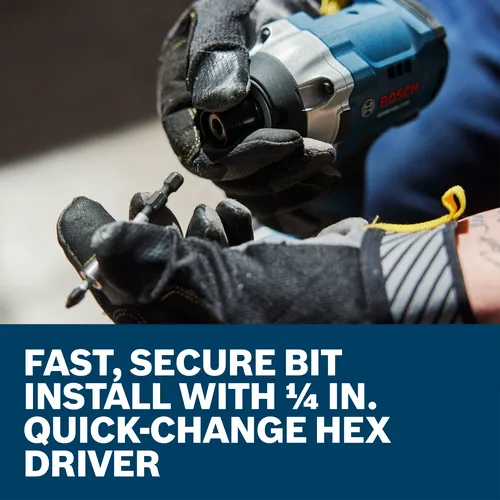 Bosch tool installing a bit with FAST, SECURE BIT INSTALL WITH 1/4 IN. QUICK-CHANGE HEX DRIVER.