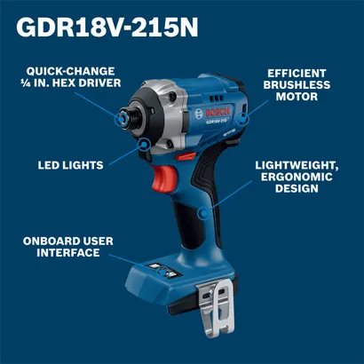Bosch GDR18V-215N impact driver with Quick-Change 1/4 in. hex driver, LED lights, Onboard User Interface, Efficient Brushless Motor, and Lightweight, Ergonomic Design.