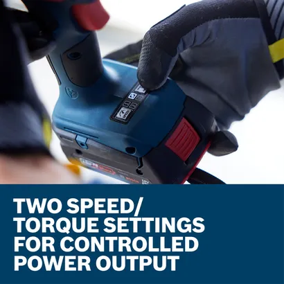 Bosch 18V tool with speed/torque settings; text: TWO SPEED/ TORQUE SETTINGS FOR CONTROLLED POWER OUTPUT.
