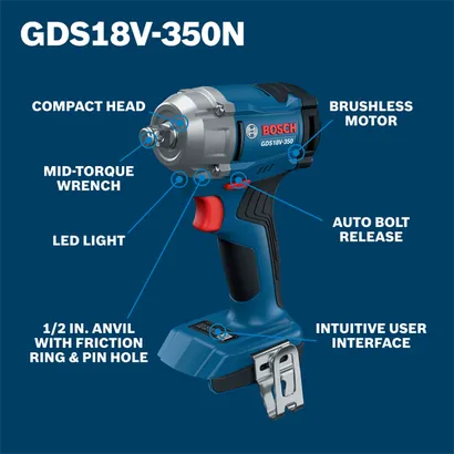 Bosch GDS18V-350N impact wrench with compact head, mid-torque wrench, LED light, 1/2 in. anvil with friction ring & pin hole, brushless motor, auto bolt release, and intuitive user interface.
