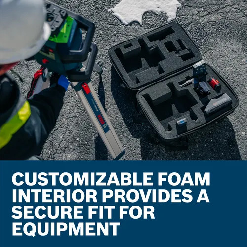 Bosch BT 170 HD Professional line laser, and text "CUSTOMIZABLE FOAM INTERIOR PROVIDES A SECURE FIT FOR EQUIPMENT".
