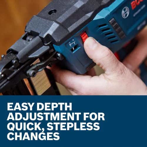 Bosch tool with a red button for depth adjustment, "EASY DEPTH ADJUSTMENT FOR QUICK, STEPLESS CHANGES".