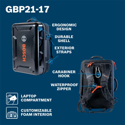 Bosch GBP21-17 case with ergonomic design, durable shell, exterior straps, carabiner hook, waterproof zipper, laptop compartment, and customizable foam interior.
