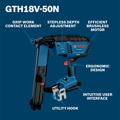 Bosch GTH18V-50N stapler, with Grip Work Contact Element, Stepless Depth Adjustment, Efficient Brushless Motor, Ergonomic Design, Intuitive User Interface, and Utility Hook.
