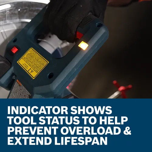 Indicator shows tool status to help prevent overload & extend lifespan. A person wearing a black glove is holding a power tool. The power tool has a yellow light indicating its status. The tool has a label with text.