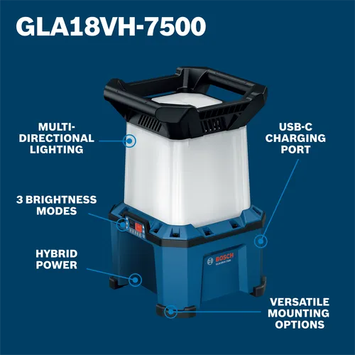 Bosch GLA18VH-7500, with Multi-Directional Lighting, 3 Brightness Modes, Hybrid Power, USB-C Charging Port and Versatile Mounting Options.