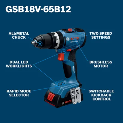 Bosch GSB18V-65B12, featuring All-Metal Chuck, Dual LED Worklights, Rapid Mode Selector, Two Speed Settings, Brushless Motor, and Switchable Kickback Control.