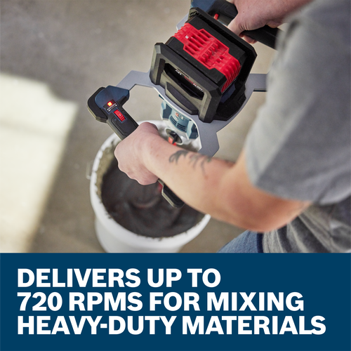 Bosch mixer, in use, mixing material in a white bucket, delivers up to 720 RPMs for mixing heavy-duty materials.