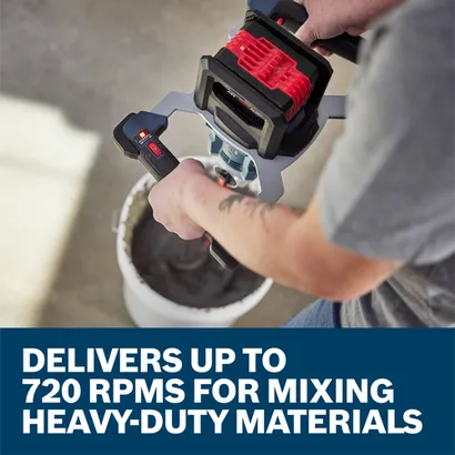 Bosch mixer, in use, mixing material in a white bucket, delivers up to 720 RPMs for mixing heavy-duty materials.