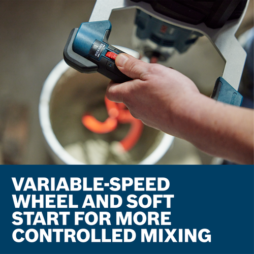 Bosch power tool with KICKBACK CONTROL, VARIABLE-SPEED, WHEEL AND SOFT START FOR MORE CONTROLLED MIXING.